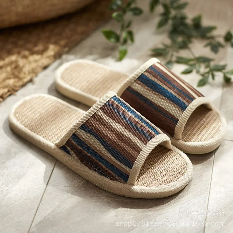 Summer Men Striped Linen Slippers Flip Flops  Beach Sandals Shoes Man Non-slip Male Slippers Comfortable Men Casual Shoe Indoor