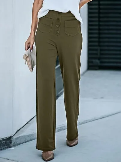 女性パンツ カジュアル ストレートレッグパンツ ハイウエスト ボタン付きパンツ 伸縮性のあるマルチポケットパンツ ユーティリティ カーゴ ストレッチ アンクル