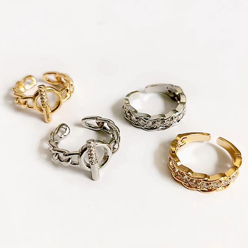 Peri\'sBox 2 Designs OT Clasp Gold Color Rings Curb Link CZ Stone Geometric Rings for Women Minimalist Chain Open Ring Adjustable