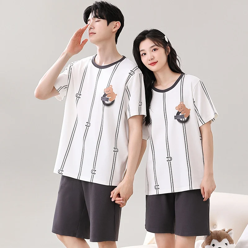 2024 Summer Couple Short Sleeve 100% Cotton Print Pajama Sets for Men Korean Cute Sleepwear Pyjamas Women Homewear Home Clothes