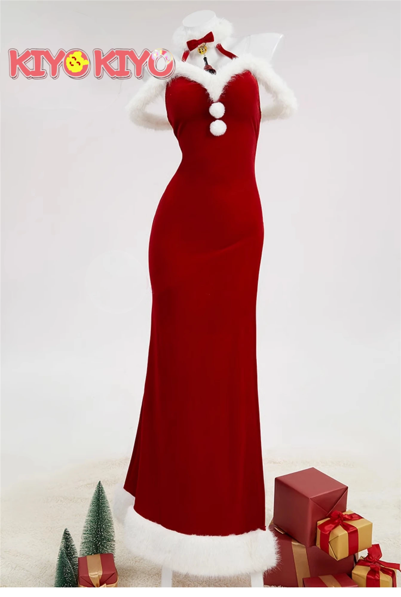KIequilibre-Robe de Noël en Velours Rouge, Costume Cosplay Sexy
