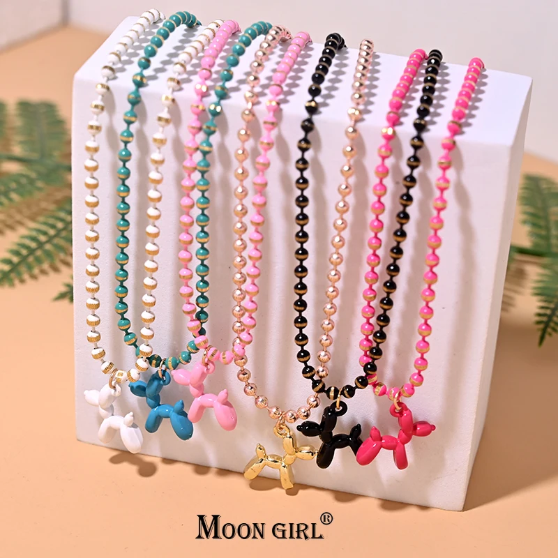 Fashion Enamel Balloon Dog Pendant Necklaces Cute Charm Bead Chain Choker Necklace Puppy Collares Para Mujer MOON GIRL