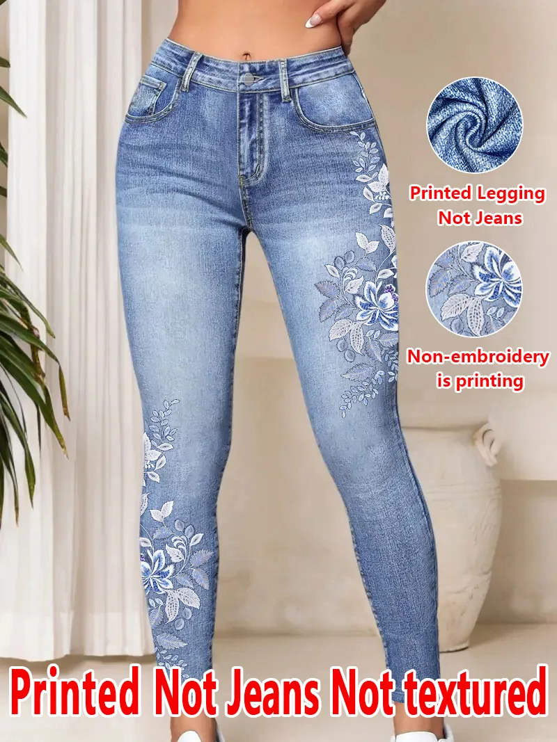1227 [Leggings Estampadas - Não em Tecido Imitação Jeans] Efeito de Bordado Falso 2D, Leggings Estampadas - Não em Tecido Imitação Jeans