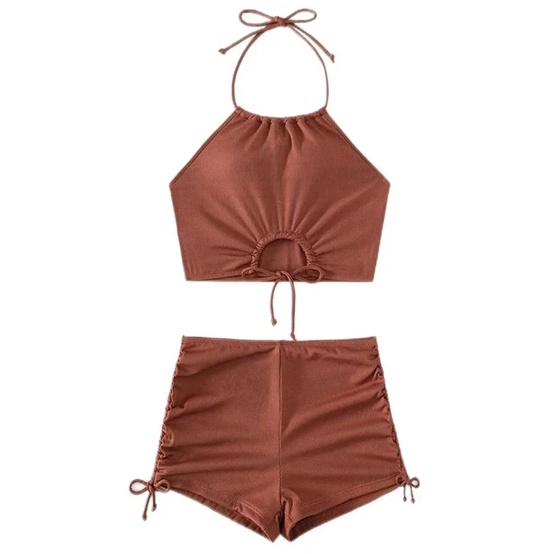 Costume da bagno da donna in 2 pezzi tinta unita caffè, tankini bikini a vita alta 2024, costumi da bagno senza schienale con bretelle per vacanze estive al mare Nuovo