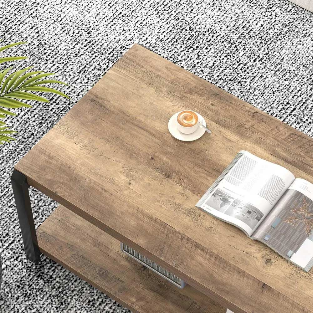 Rustic Industrial Style Coffee Table, Rectangular Wood and Metal Centerpiece for Living Room, Modern Cocktail Table with Storage
