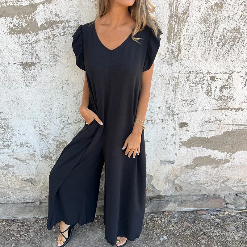 Summer Women Jumpsuit Loose Fashion V Neck Short Sleeve Ruffle Sleeves Long Pants Playsuits Women Leopard Printed Rombers