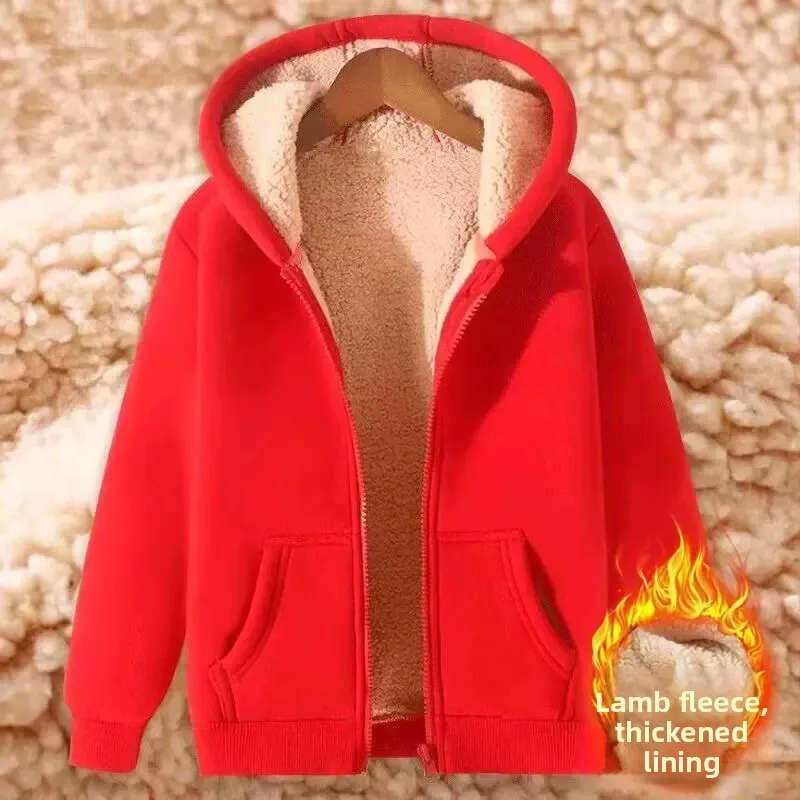 Lamb Velvet Hooded Sweatshirt Women's Autumn Winter Thickened Warm Loose Large Size Couple Open Cardigan Outerwear Trendy