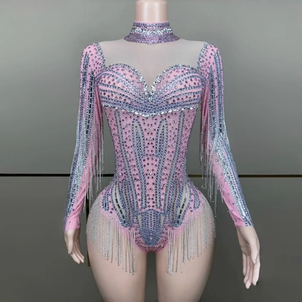 

Pink Color Fashion Diamonds Chain Tassels Evening Party Long Sleeve Nightclub Bodysuit Sexy Jazz Singer Dancer Stage Costumes