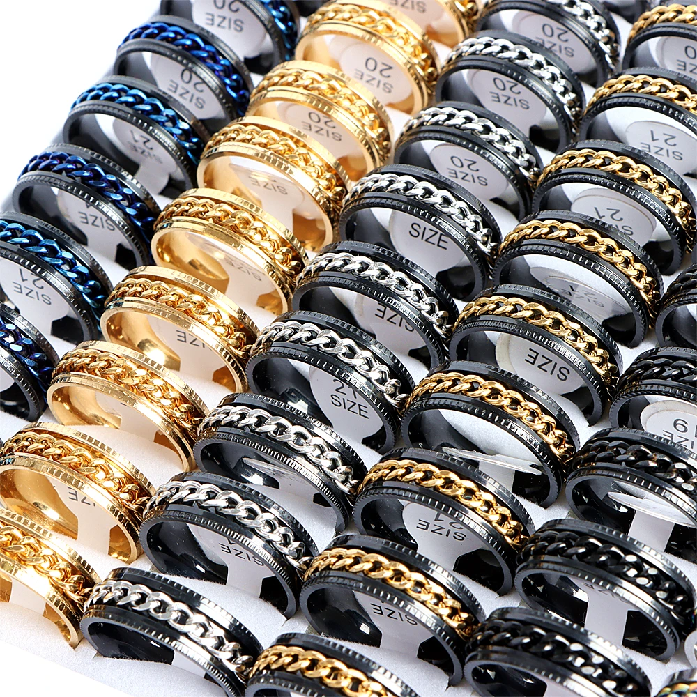 Pack of 10/30pcs Men\'s Spinner Chain Cool Stainless Steel Rings Tire Texture Rotatable Links Male Jewelry For Women