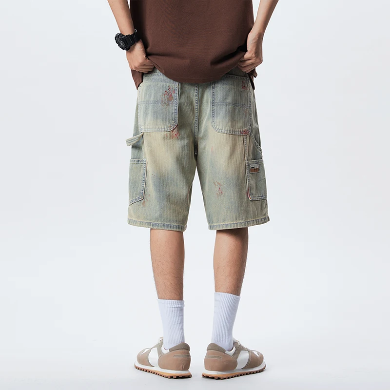 

XY9935 New trendy casual washed American retro denim shorts men's splashed ink summer thin five quarter pants