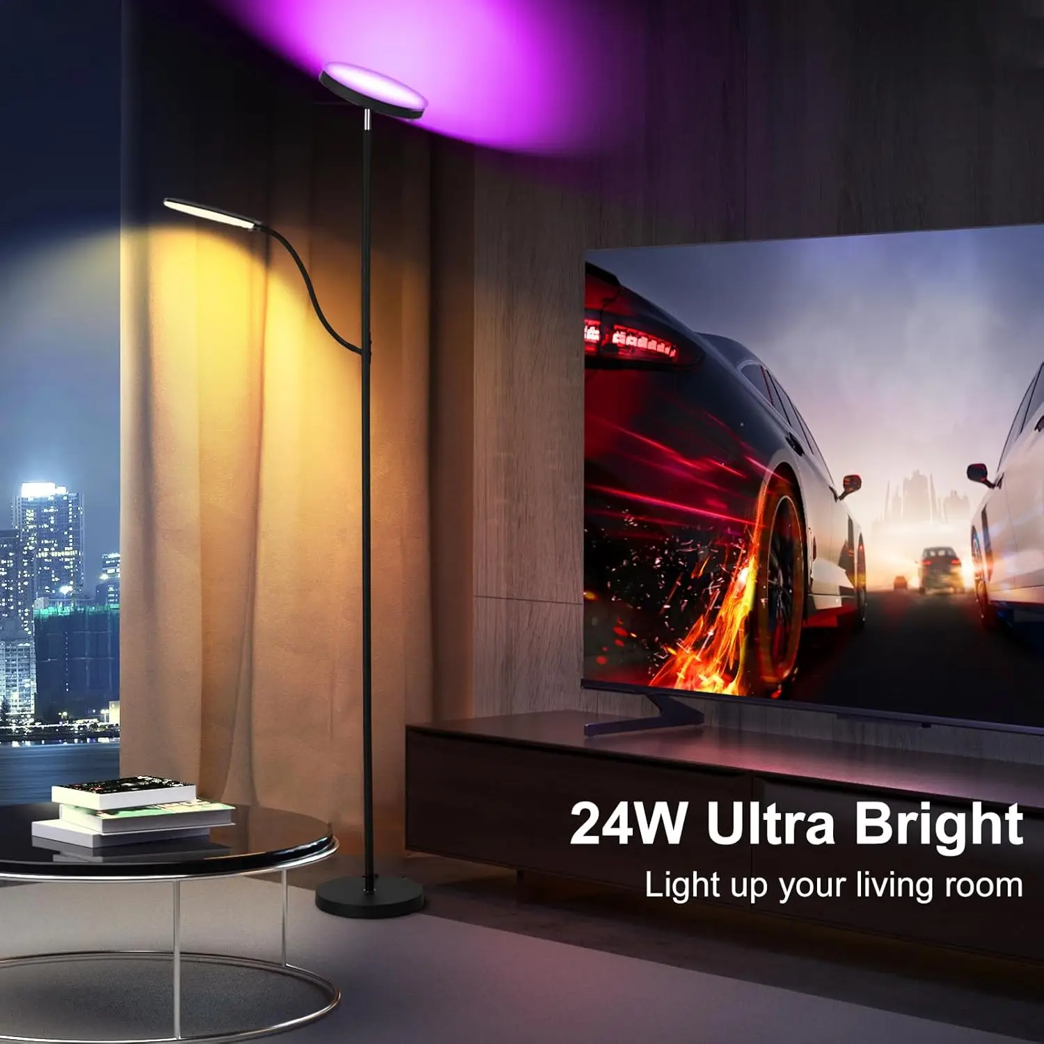 مصباح أرضي Dimmer RGB، 24W/2000LM رئيسي + ضوء جانبي 10W/350LM، 3 ألوان قابلة للتعديل، جهاز تحكم عن بعد وجهاز تحكم في التطبيقات لغرفة المعيشة