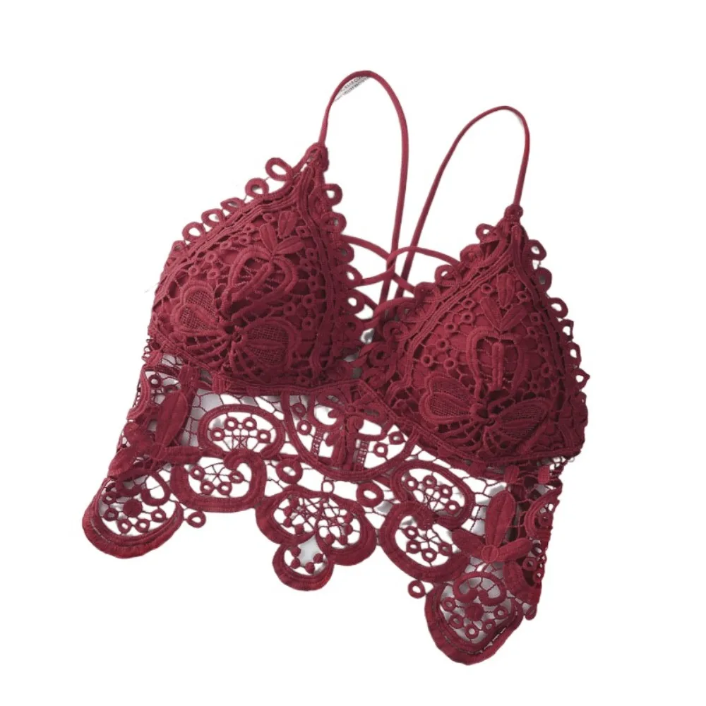 

Comfortable Vest Bohemian Style Camisole Sleeveless Beachwear Lace Wireless Bra Hollow Out Crop Top Deep V Bra Vacation