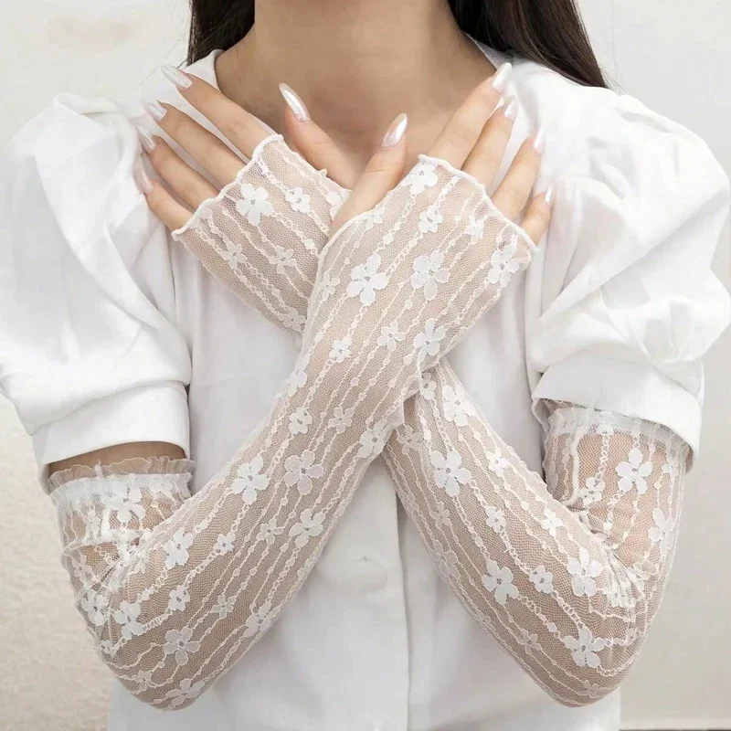 แฟชั่นถุงมือลูกไม้ยาว Hollow-Out Fingerless ถุงมือผู้หญิงแขนป้องกันดวงอาทิตย์ตาข่ายลูกไม้บางมือขี่จักรยานถุงมือถุงมือ
