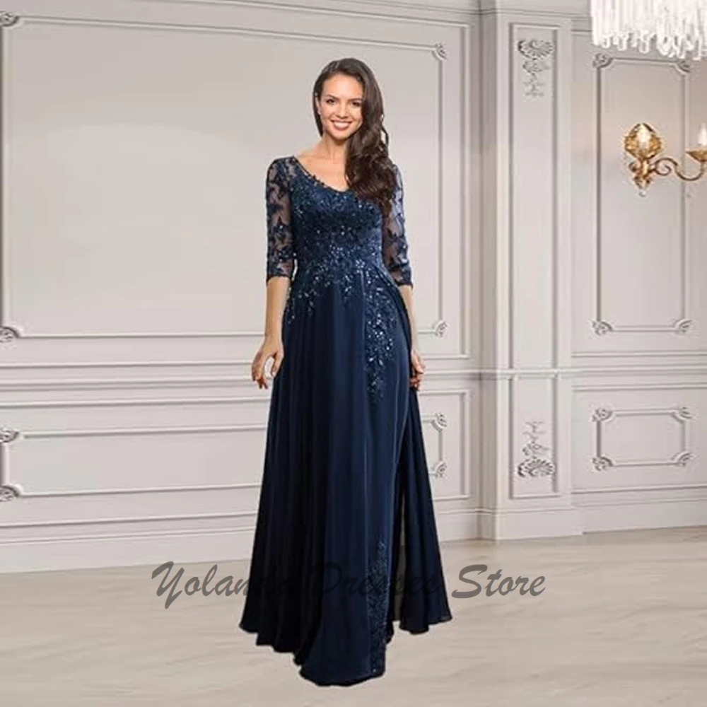 Abiti per la madre della sposa con maniche a 3/4 per matrimonio, linea ad A, in chiffon, pizzo, scollo a V, lunghi abiti da sera formali con paillettes