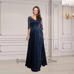 Customized 3/4 Sleeve Mother of The Bride Dresses for Wedding A Line Chiffon Lace V Neck Sequin Formal Evening Dress Appliques