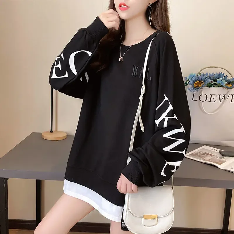 Long Sleeve Women\'s T-shirts Clothes Tops Fake Two Autumn Midi Fashion Korean Aesthetic Graphic Loose Casual Hoodie Pulovers