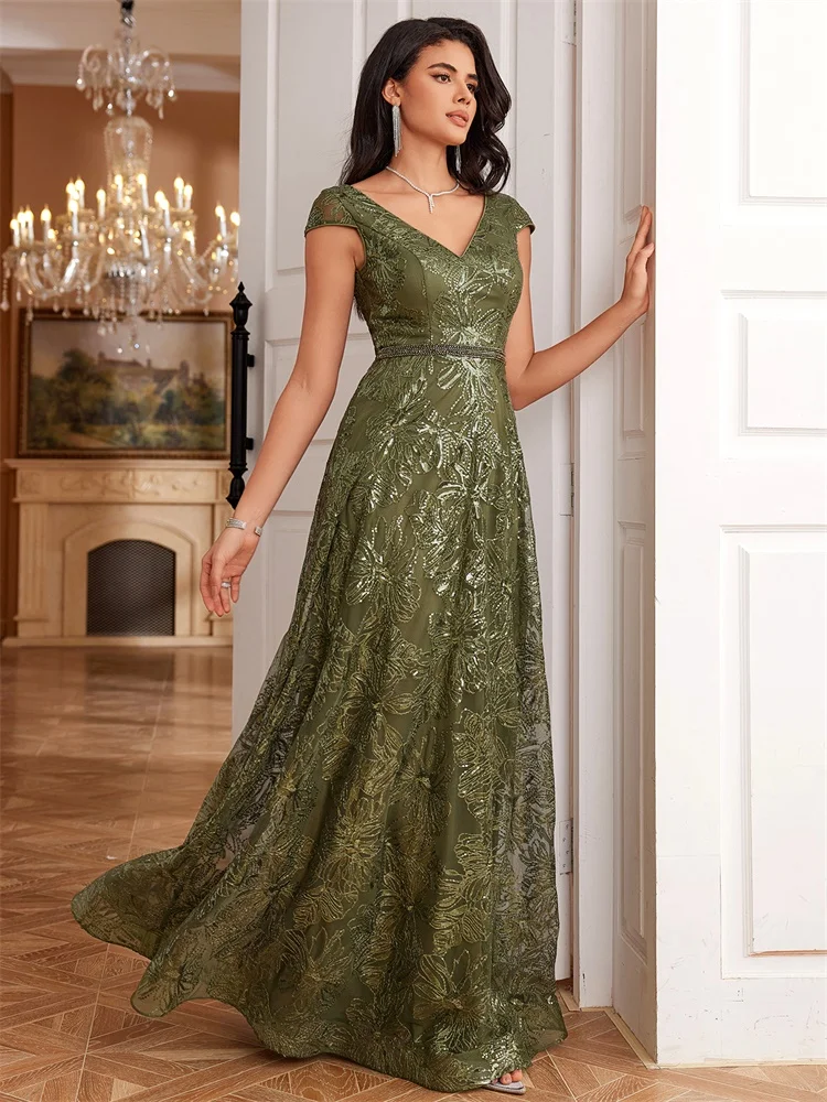 Lucyinlove New Luxury V-Neck Green Sequins Evening Dress Elegant Long Women V-back Wedding Party Long Prom Cocktail Dress Gowns