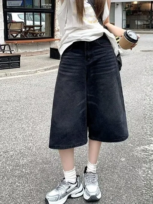 

American Style High Waist Loose Fit Denim Wide Leg Pants Women's plus Size Spring Summer New Style Slimming Seven-Foot Straig...