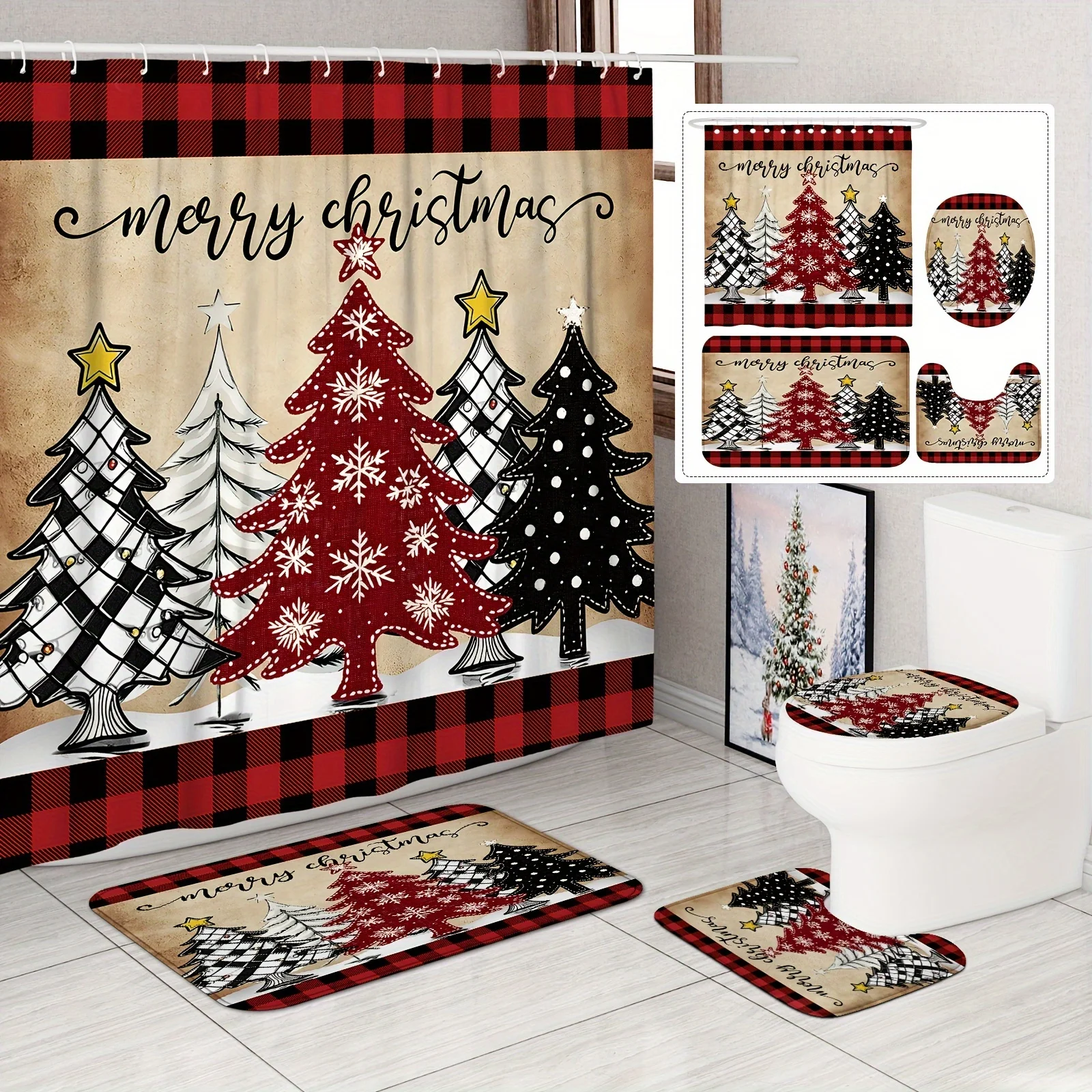

4PCS Christmas Shower Set – Red Plaid & Cedar Tree, 12 Hooks, Non-Slip Mat, U-Shaped Seat Cover – Winter Holiday Bathroom Decor