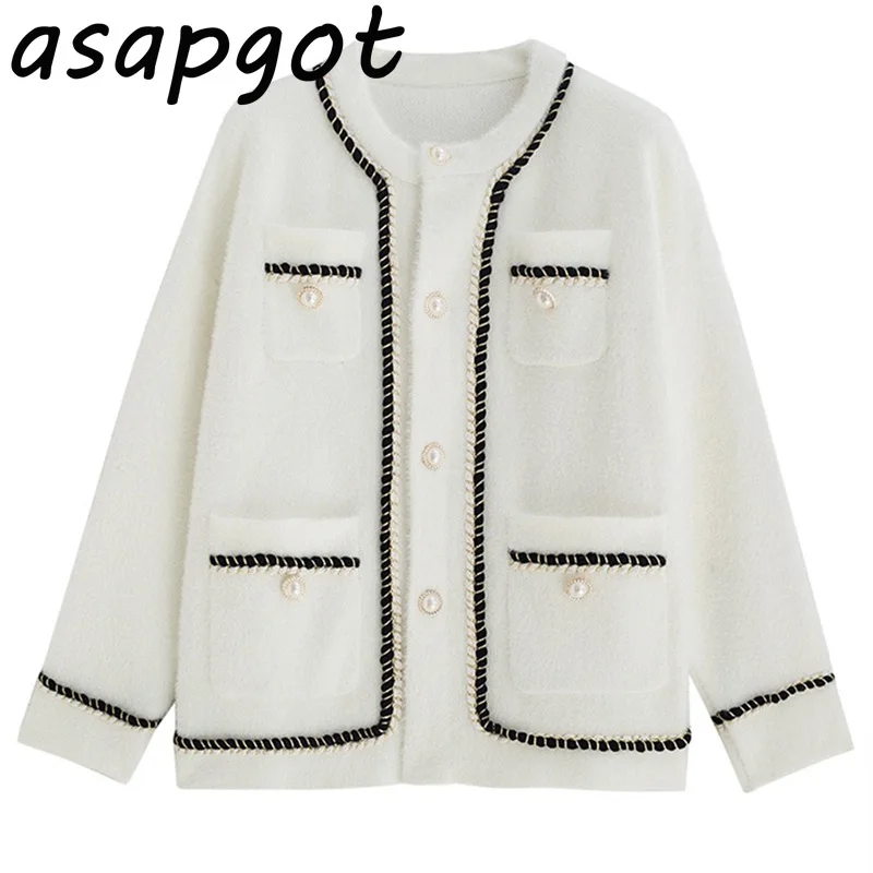 Asapgot White Mink Cashmere Sweater Coat Women Autumn Winter Lazy Style Korean Retro Black Loose O Neck Knitted Cardigan Fashion