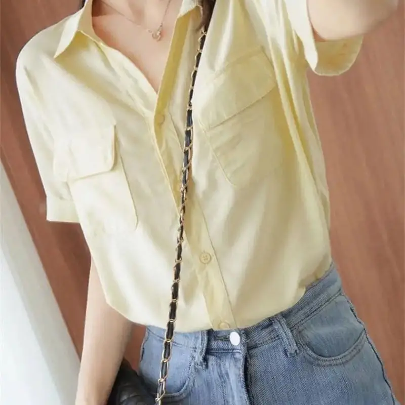 Fashion V-Neck Spliced Solid Color Pockets Shirt Women\'s Clothing 2023 Summer New Oversized Casual Tops Loose Korean Blouse