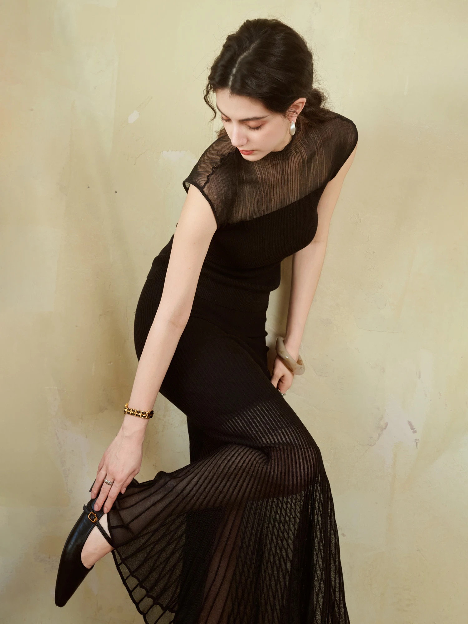 Conjunto de Vestido de Punto de Seda con Malla Mixta y Cola de Sirena ReVe Empire para Mujer, Moda Primavera, Manga Larga, Cu...