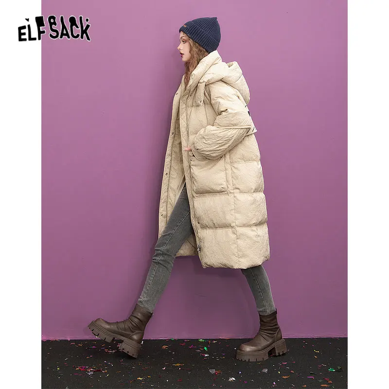 ELFSACK Apricot Warm Down Coats Women 2023 Winter Loose Mid-length Casual Coats