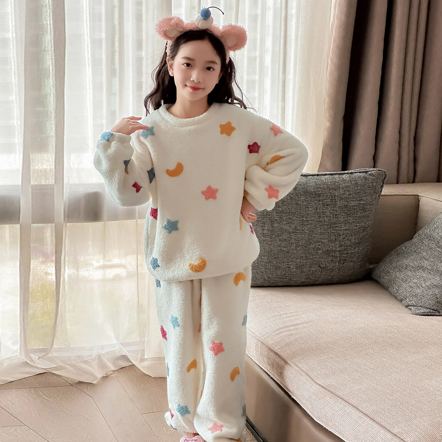 

Girls Sleepwear 2Pieces Of PJ Sets Sweetheart Long Sleeve+Long Pants Autumn Soft Wrap Velvet Pjs Kids Clothes StarMoon Nightgown