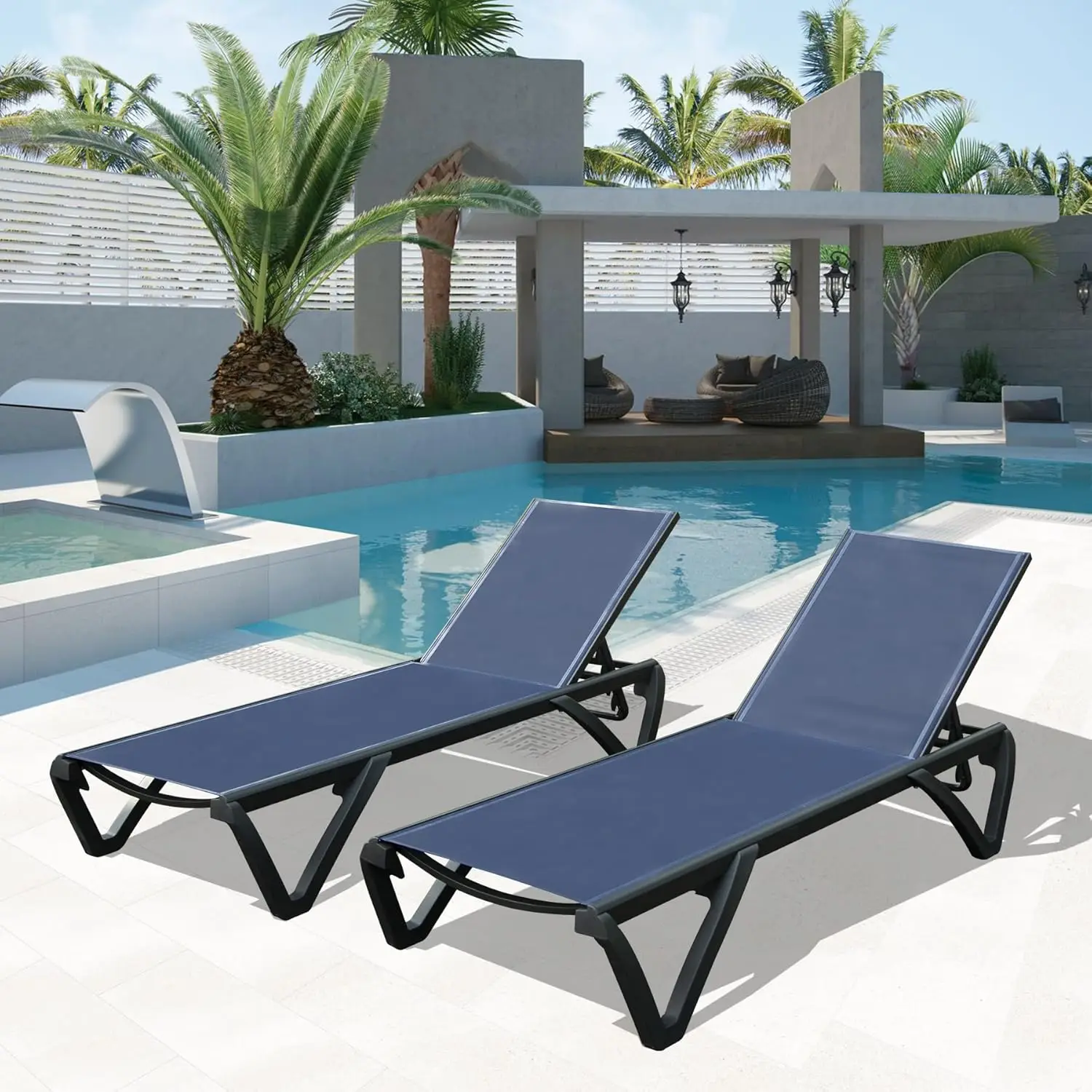 Domi Patio Lounge Chairs Set of 2 Aluminum Pool Chaise Lounge with 5 Position Adjustable Backrest and Wheels Navy Blue