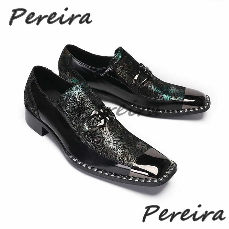 

Luxury Prints Handmade Men's Shoes Vintage Cow Leather Belt Buckle Loafers Metal Square Toe Low Heel Party Business Dress Shoes