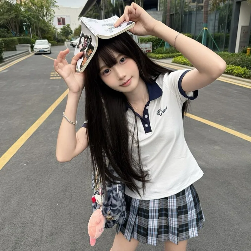 New Contrast Color Embroidered POLO Shirt, Skinny Short Sleeve JK School Uniform Top for Women, Summer Student Wear & Cosplay