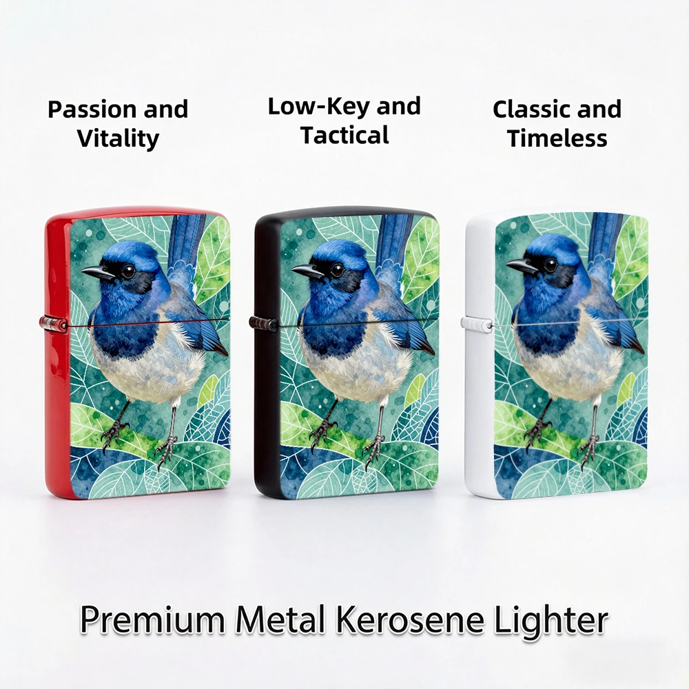 Watercolor‑style Flip Top Lighter lighters vintage Blue Wren Bird With Green Foliage Art Print Pattern lighters for smokers