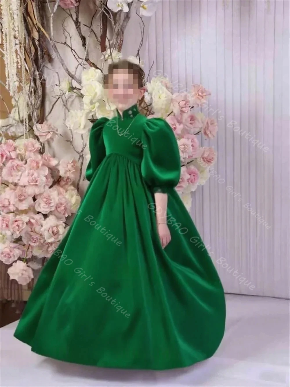 رشيقة الساتان فستان التواصل الأول للأطفال الأميرة عالية الخصر بالون كم زهرة فتاة فستان مخصص حفل زفاف الكرة ثوب