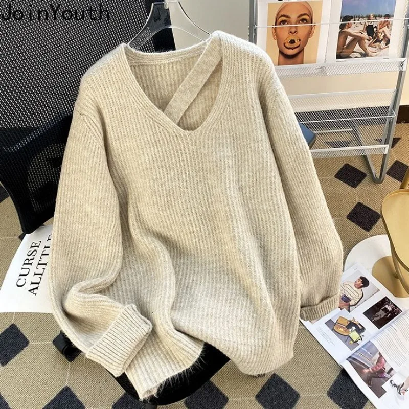 Oversized Pullovers Women Fall Winter Clothing Thicked Jumper V-neck Casual Fashion Knitted Sweater Y2k Tops Korean Sueter Mujer