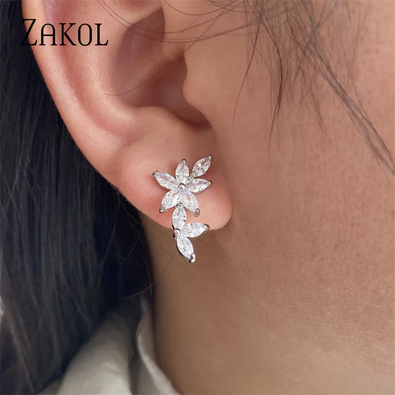 ZAKOL Korean Simple Leaf Marquis Zircon Stud Earrings for Women White Color Crystal Engagement Jewelry EP2966