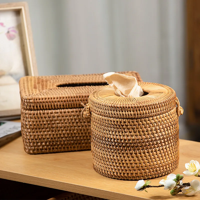 Rattan Tissue Box Desktop Toilet Paper Handkerchief Case Simple Napkin Holder Hand Woven Car Tissue Paper Dispenser Home Decor