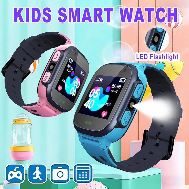 Kids Smart Watch with SOS GPS Camera LED Flashlight Math Calculator Video Call Watches- Holiday Gift Smartwatch for Children