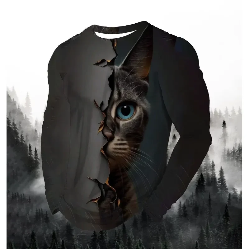 3D Print Casual Long Sleeve 2026 Visual Kitten Fashion Men T Shirt Round Neck Streetwear Loose Pullover Autumn Top New Trend