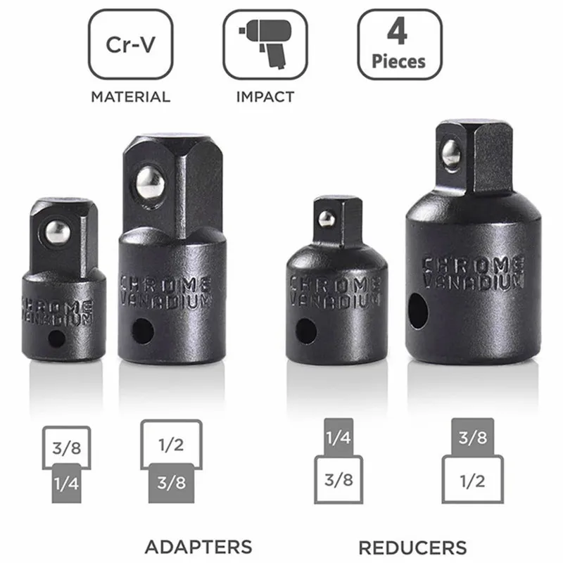 12pcs Impact Socket Adapter Set 1/4'' Drive Reducer Extension Power Drill High Speed Nut Driver Converter Tool Kit for Auto Repa