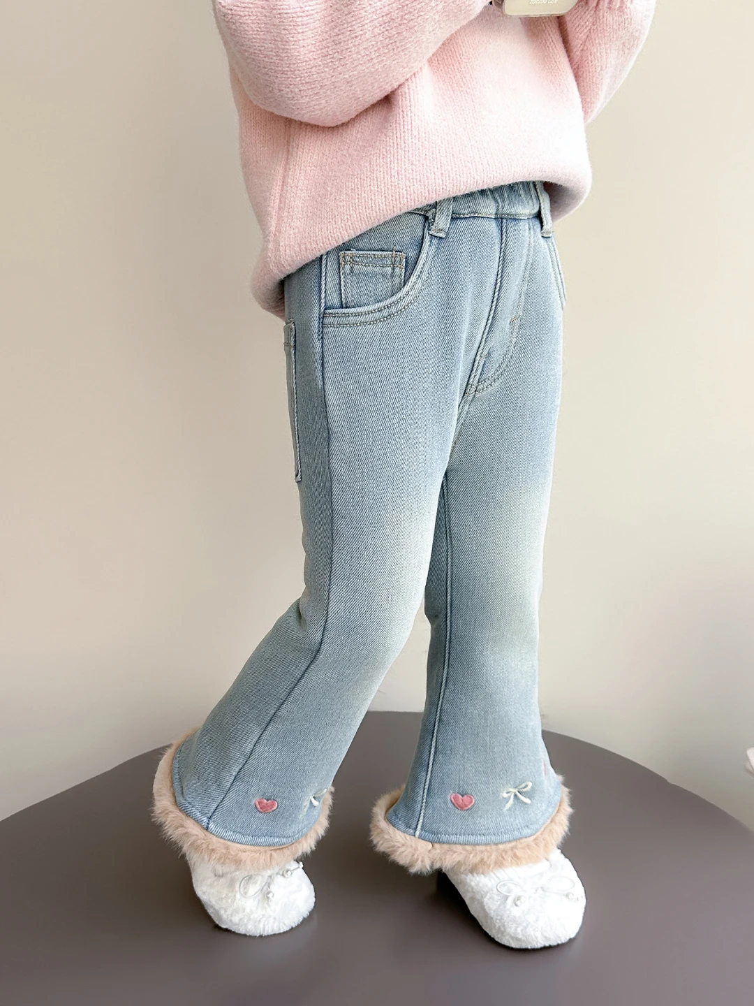 

Thiened Fce Winter Denim Pants for Little Girls High Waist Flared Legs Knot Heart Design Warm And Sli