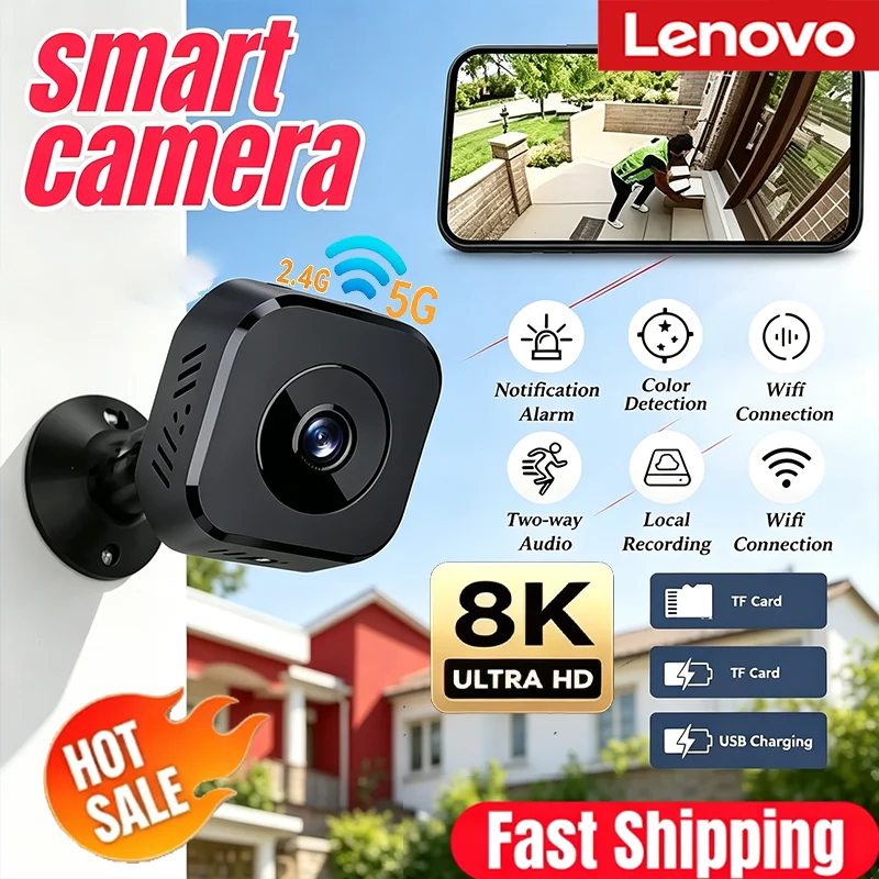 Lenovo 8K HD WiFi Security Mini Camera Full Surveillance Two-way Audio Motion Detection Infrared Night Vision Home Pet Monitor