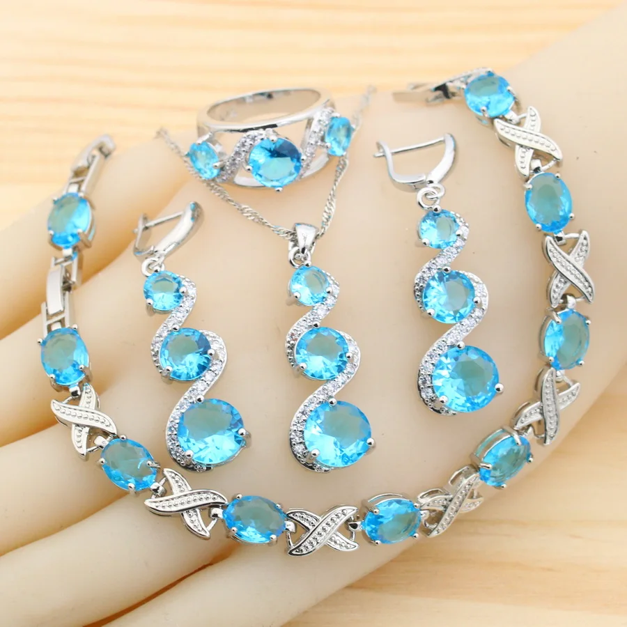 Classic Blue Zirconia 925 Silver Jewelry Sets for Women Earrings Necklace Pendant Ring Bracelet Wedding Gift