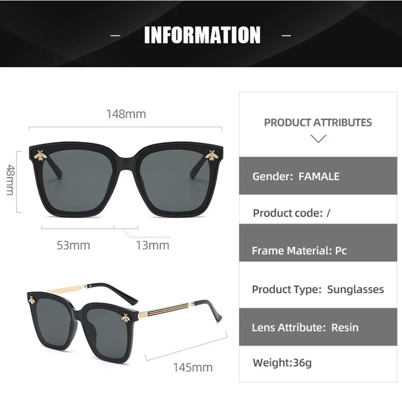 OCYCO New Fashion Lady Oversize Square Bee Sunglasses Women Men Luxury Brand Gradient Sun Glasses Female Shades Oculos UV400