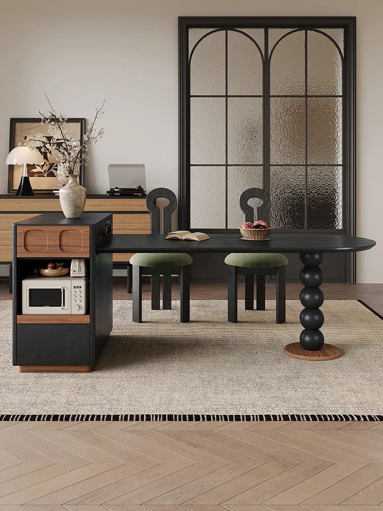 

French antique style embedded microwave oven retractable island dining table small apartment rock slab dining island