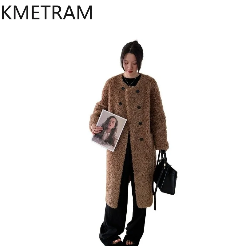 KMETRAM Abrigos 100% Lana para Mujer, Chaqueta Larga de Lana de Oveja con Cuello Redondo, Abrigo de Invierno Cálido de 104cm, Ropa de Mujer 2026, Casaco Feminino
