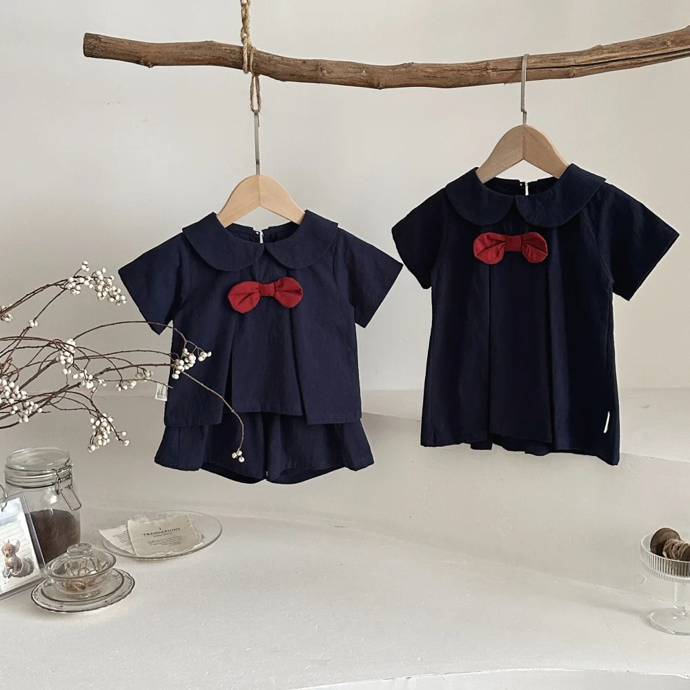 

2026 Summer New Baby Short Sleeve Clothes Set Girls Preppy Style Peter Pan Collar Bow Tops + Shorts 2pcs Suit Toddler Girl Dress