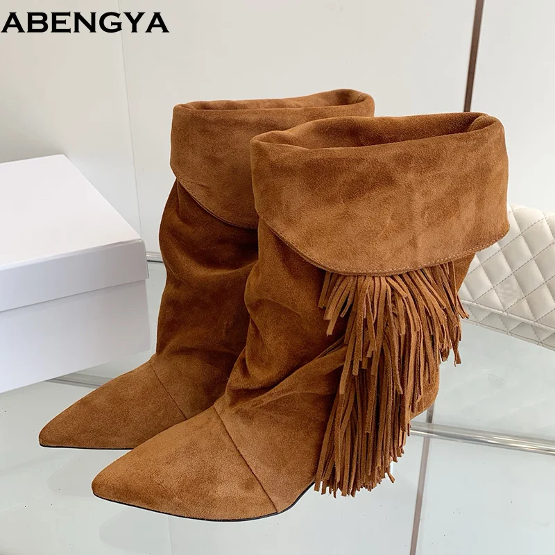 Designer Brown Suede Kitten High Heels Tassel Boots Women Pointy Toe Leather Middle Calf Boots Winter Chelsea Boots For Women