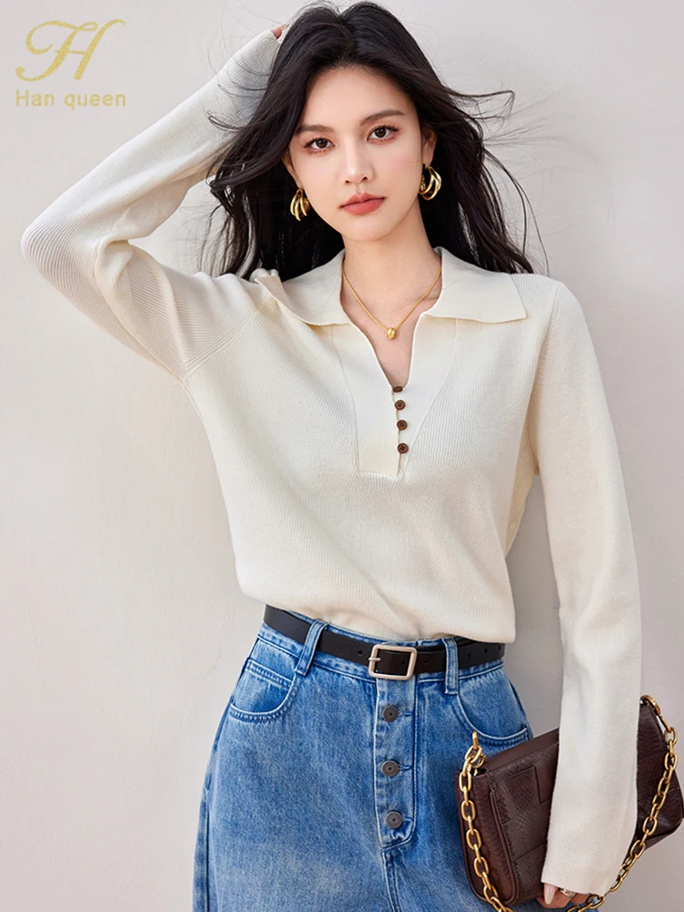 H Han Queen Autumn Winner Tops Loose Long Sleeve Women Sweaters Elegant Simple Vintage Casual knitted Pullovers Sweaters Female