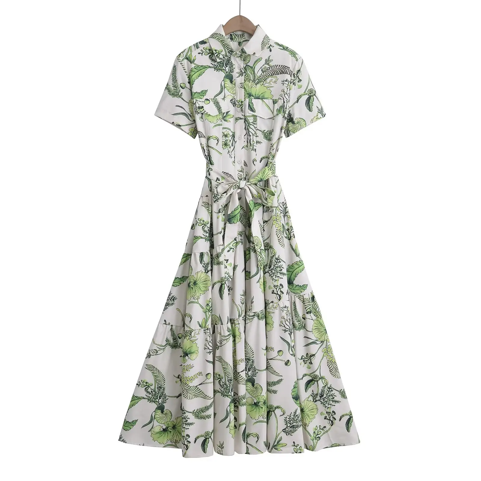 

BM&MD&ZA Women's Casual Loose Spread Collar Short Sleeve Shirtdress - Style Midi Length Printed Dress with Belt Decoration