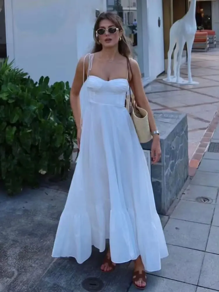 

TRAF Woman Fashion Summer Chic Long Dresses White Sling Sleeveless Backless Lace-Up Decoration Zipper Female Beach Style Dress